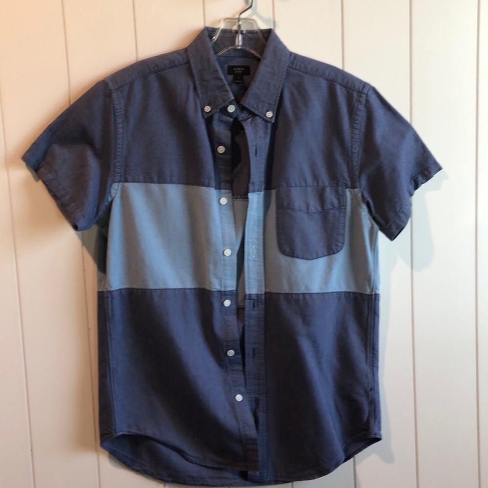 J crew Mens short sleeve block stripe Oxford shirt  pocket blue S